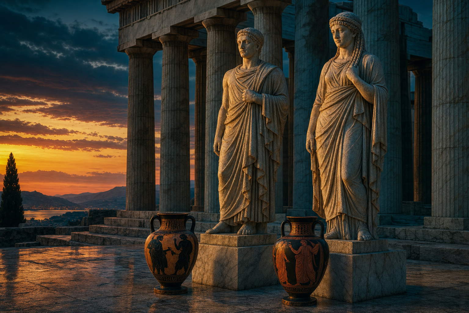 Ναός με κίονες · κούρος και κόρη